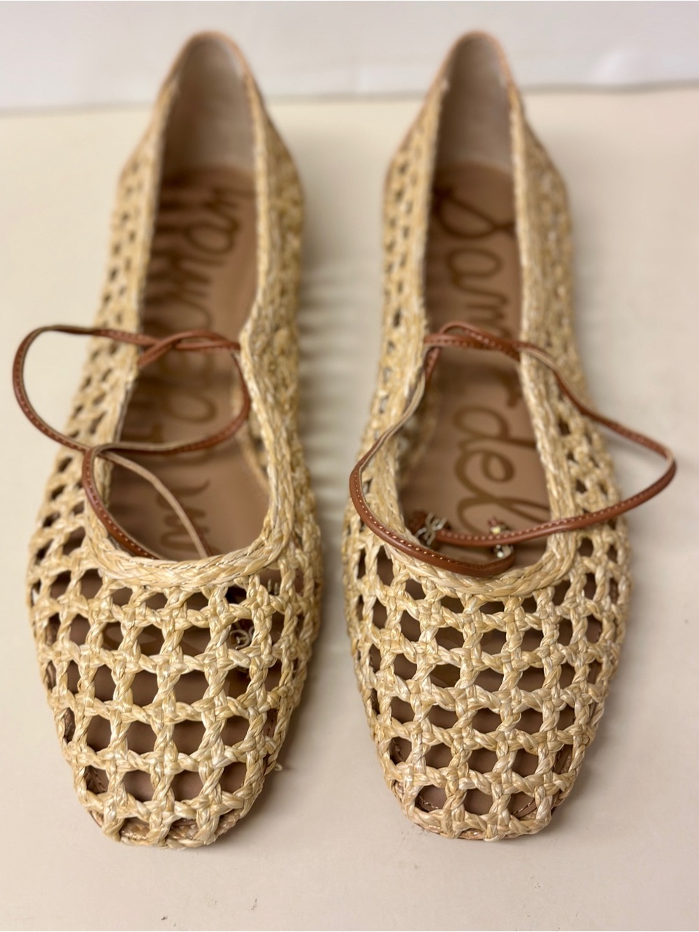 Sam Edelman Beige Woven Ballet Flats with Brown Ankle Tie